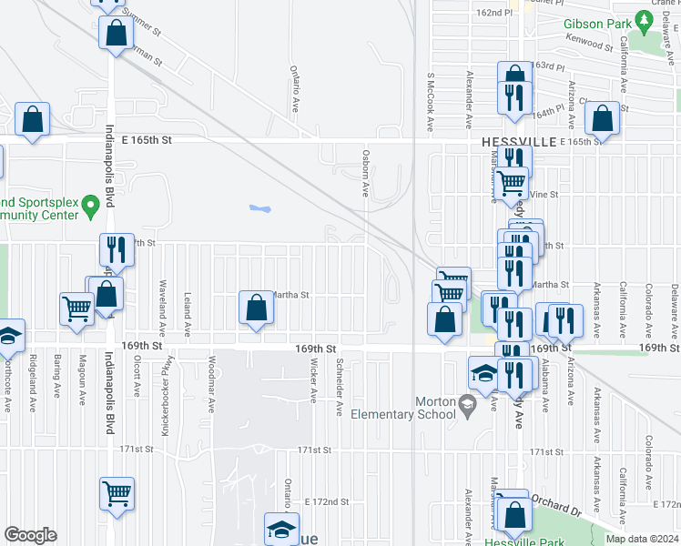 map of restaurants, bars, coffee shops, grocery stores, and more near 6746 Osborne Ave in Hammond
