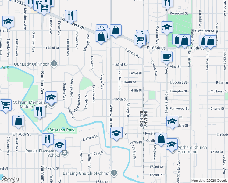 map of restaurants, bars, coffee shops, grocery stores, and more near 1491 Wentworth Avenue in Calumet City