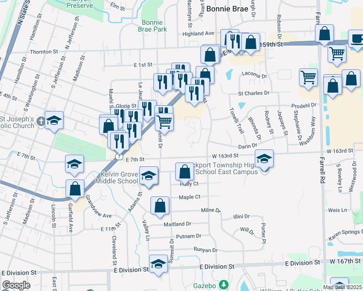 map of restaurants, bars, coffee shops, grocery stores, and more near 1036 East 7th Street in Lockport