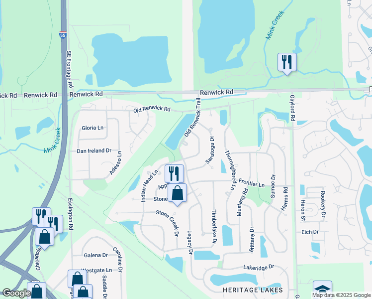 map of restaurants, bars, coffee shops, grocery stores, and more near 3754 Indian Head Lane in Joliet