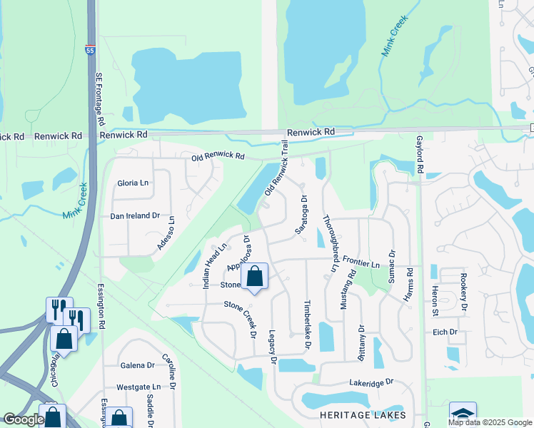 map of restaurants, bars, coffee shops, grocery stores, and more near 3754 Indian Head Lane in Joliet