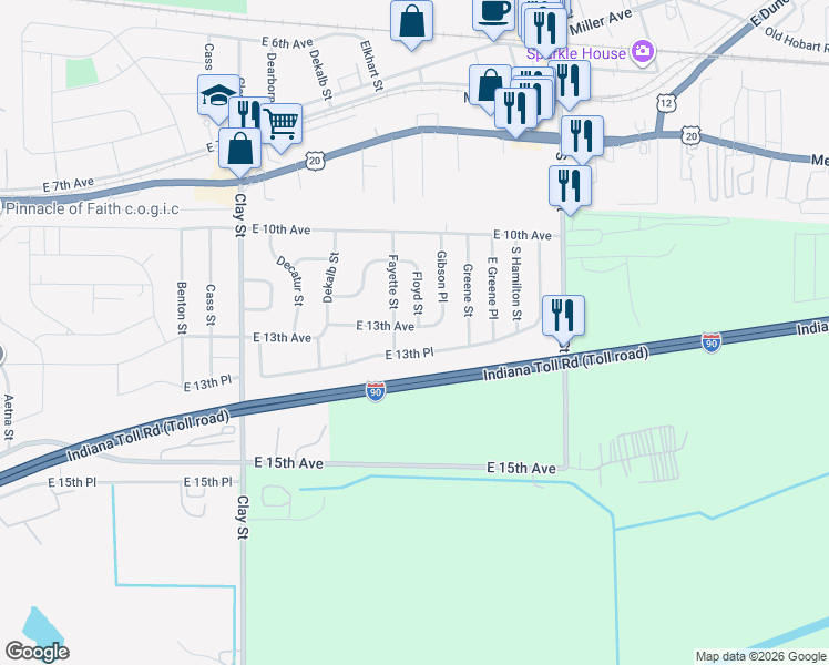 map of restaurants, bars, coffee shops, grocery stores, and more near 5508 East 13th Place in Gary