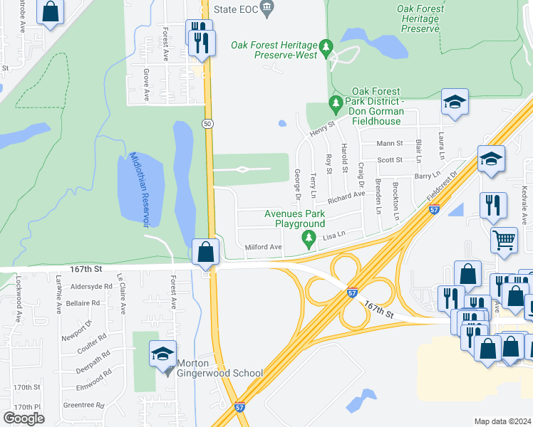 map of restaurants, bars, coffee shops, grocery stores, and more near 4629 Oakridge Avenue in Oak Forest