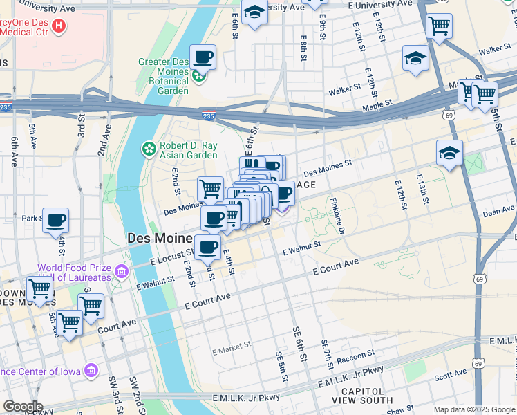 map of restaurants, bars, coffee shops, grocery stores, and more near 524 East Grand Avenue in Des Moines