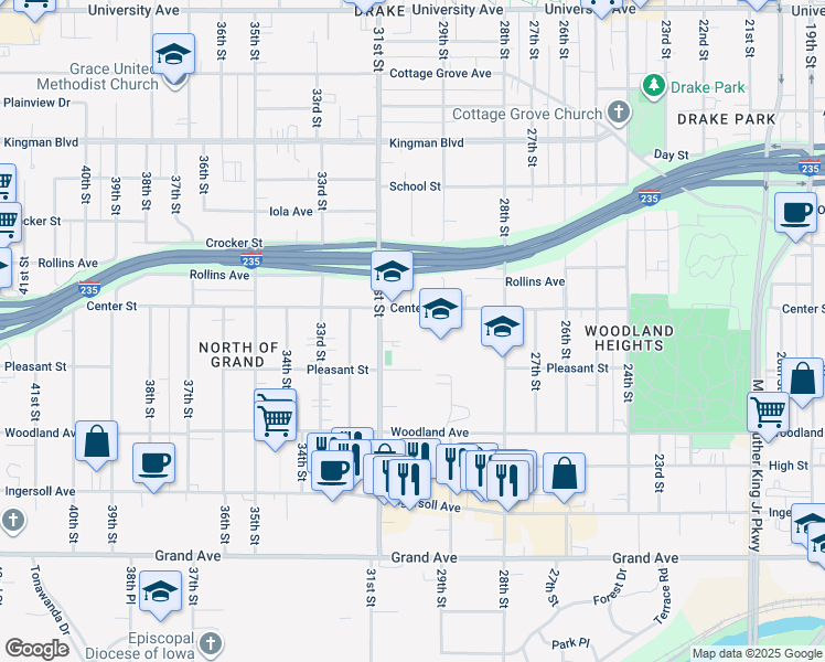 map of restaurants, bars, coffee shops, grocery stores, and more near 3010 Center Street in Des Moines