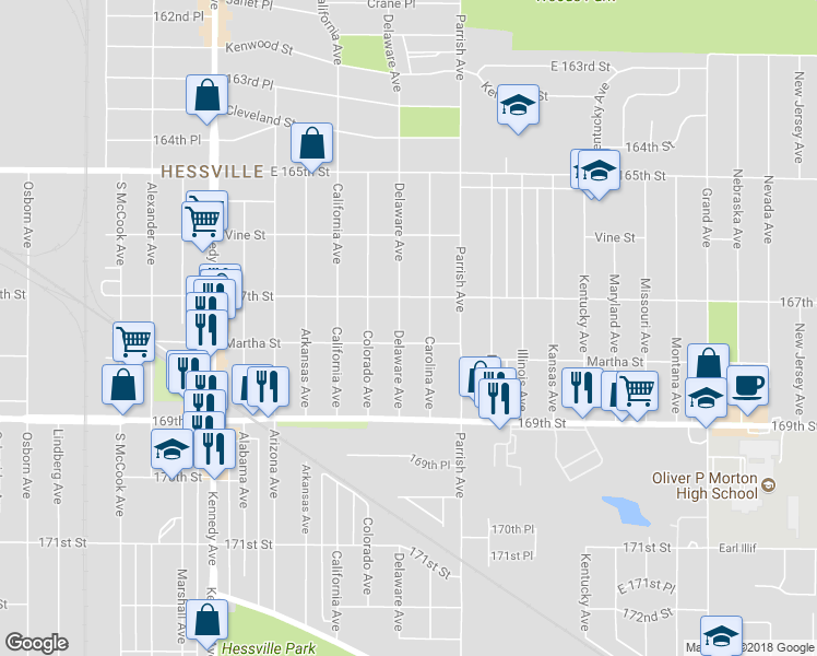 map of restaurants, bars, coffee shops, grocery stores, and more near 6727 Delaware Avenue in Hammond