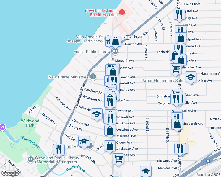 map of restaurants, bars, coffee shops, grocery stores, and more near 18405 Landseer Road in Cleveland