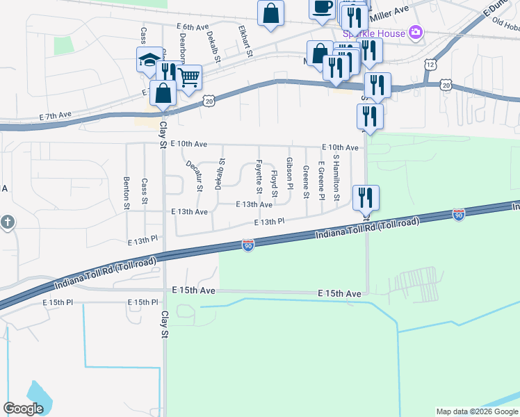 map of restaurants, bars, coffee shops, grocery stores, and more near 1314-1398 Fayette Street in Gary