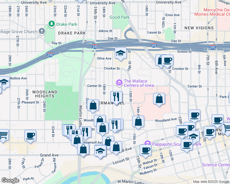 map of restaurants, bars, coffee shops, grocery stores, and more near in Des Moines