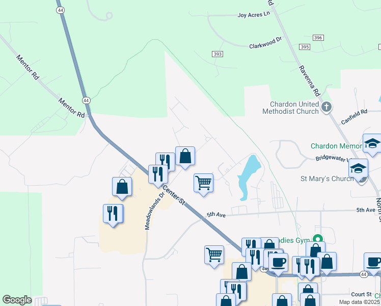 map of restaurants, bars, coffee shops, grocery stores, and more near 150 7th Avenue in Chardon