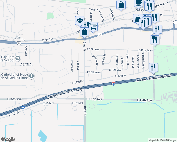 map of restaurants, bars, coffee shops, grocery stores, and more near 5007 E 13th Ave in Gary
