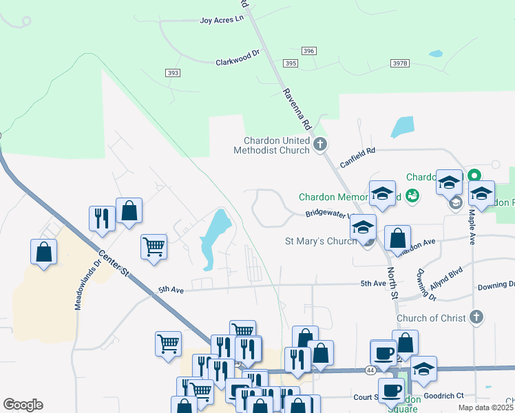 map of restaurants, bars, coffee shops, grocery stores, and more near 127 Chimney Ridge in Chardon