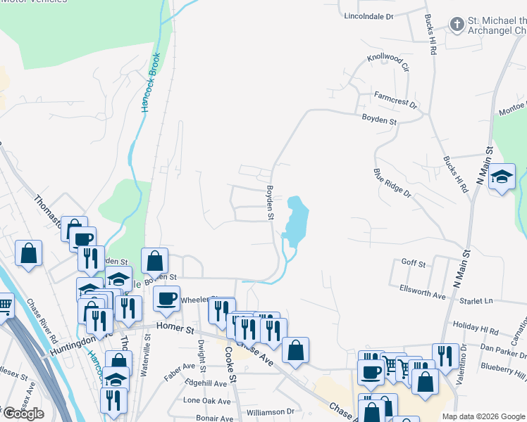 map of restaurants, bars, coffee shops, grocery stores, and more near 27 Cathy Lane in Waterbury