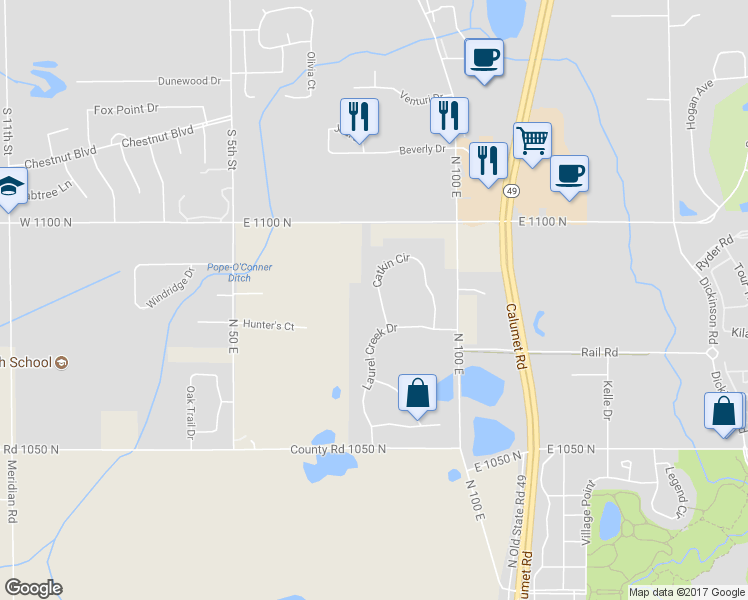 map of restaurants, bars, coffee shops, grocery stores, and more near 1910 Catkin Circle in Chesterton