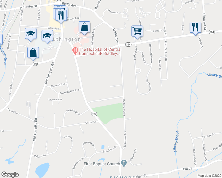 map of restaurants, bars, coffee shops, grocery stores, and more near 45 Bagley Road in Southington