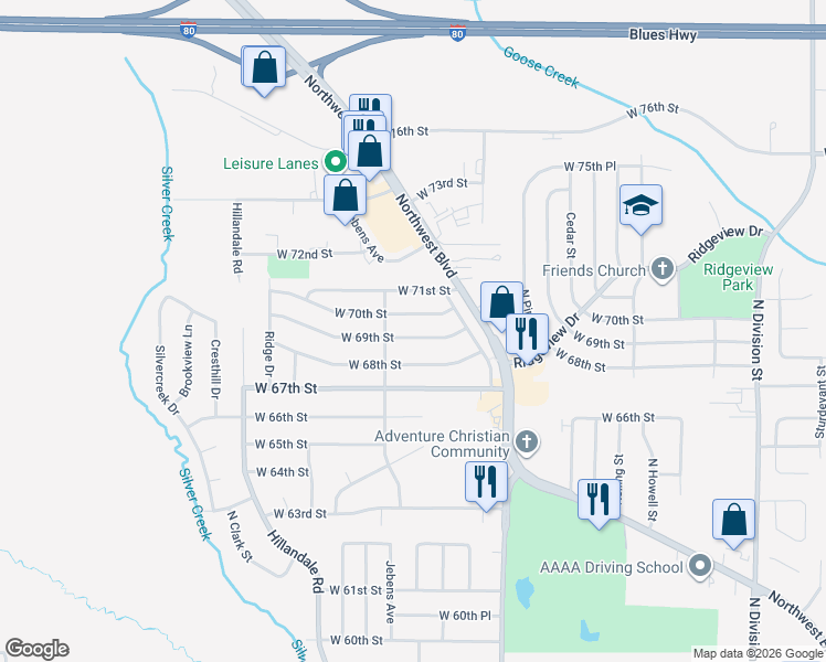 map of restaurants, bars, coffee shops, grocery stores, and more near 2623 W 69th St in Davenport