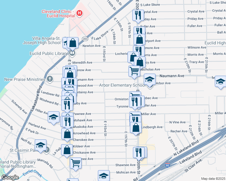 map of restaurants, bars, coffee shops, grocery stores, and more near 19571 Ormiston Avenue in Euclid