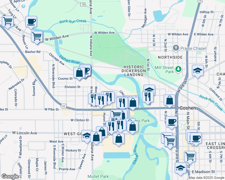map of restaurants, bars, coffee shops, grocery stores, and more near 600 Chicago Avenue in Goshen