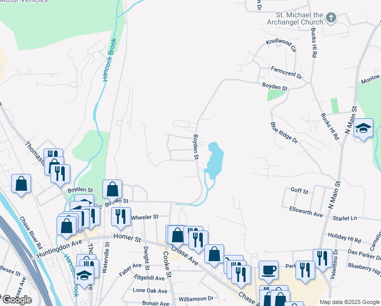 map of restaurants, bars, coffee shops, grocery stores, and more near 27 Cathy Lane in Waterbury