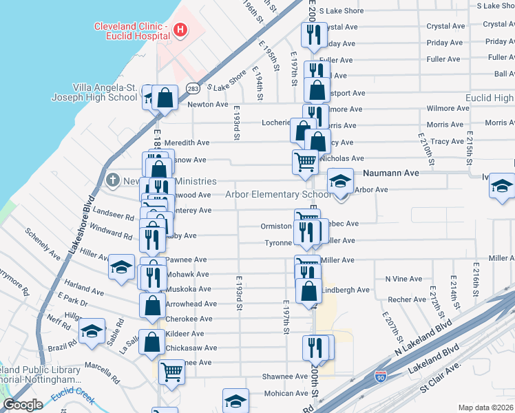 map of restaurants, bars, coffee shops, grocery stores, and more near 19571 Ormiston Avenue in Euclid