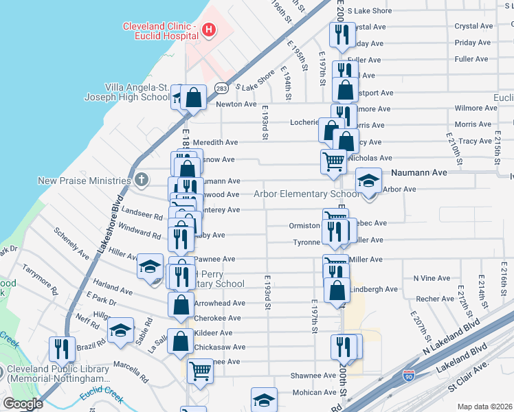 map of restaurants, bars, coffee shops, grocery stores, and more near 19120 Monterey Avenue in Euclid