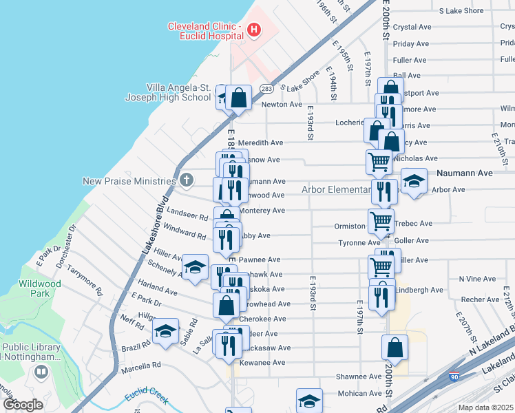 map of restaurants, bars, coffee shops, grocery stores, and more near 18650 Monterey Avenue in Euclid