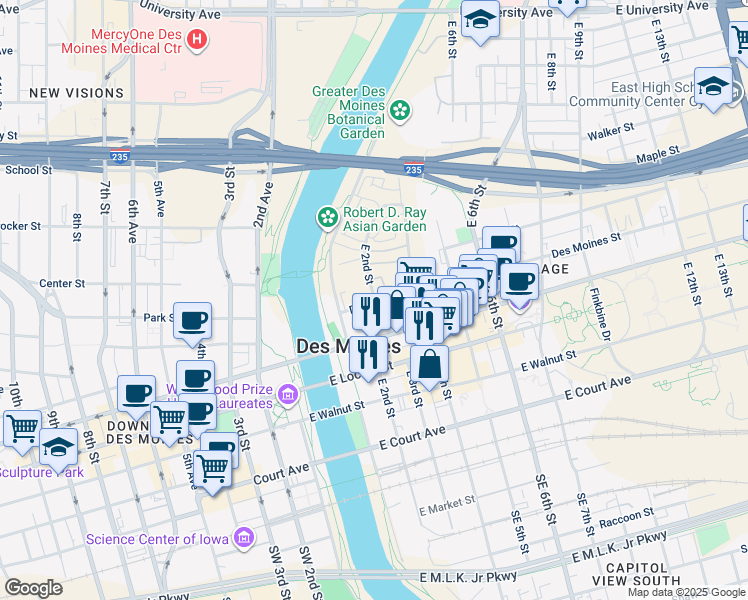 map of restaurants, bars, coffee shops, grocery stores, and more near 200 East Grand Avenue in Des Moines