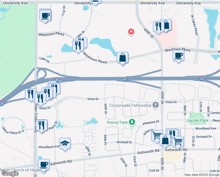 map of restaurants, bars, coffee shops, grocery stores, and more near 6559 Vista Drive in West Des Moines