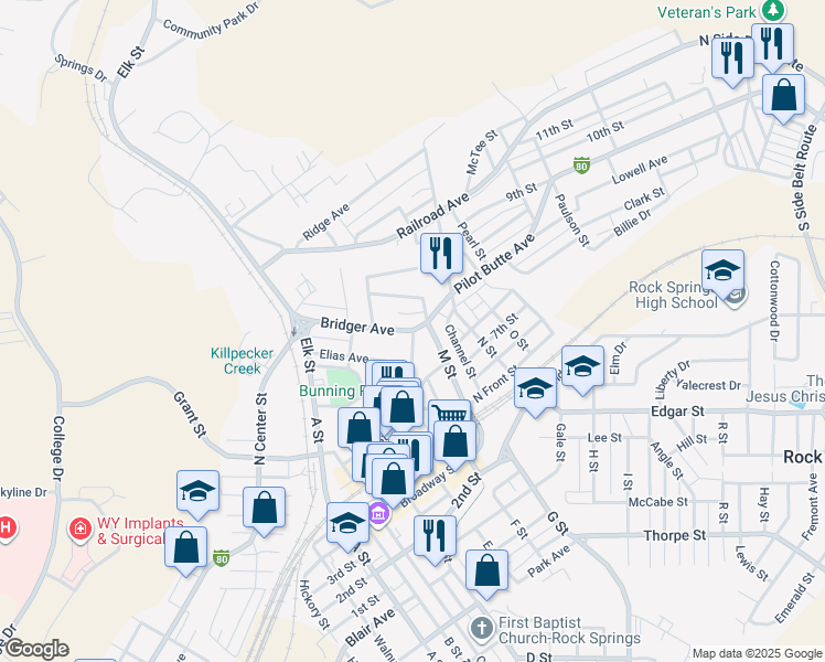 map of restaurants, bars, coffee shops, grocery stores, and more near 810 Bridger Avenue in Rock Springs