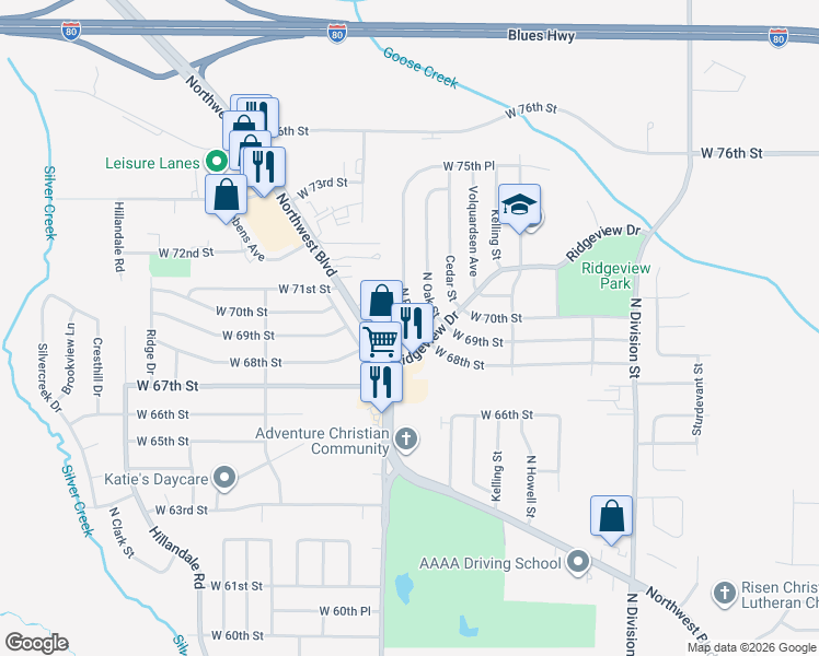 map of restaurants, bars, coffee shops, grocery stores, and more near 6824 North Pine Street in Davenport