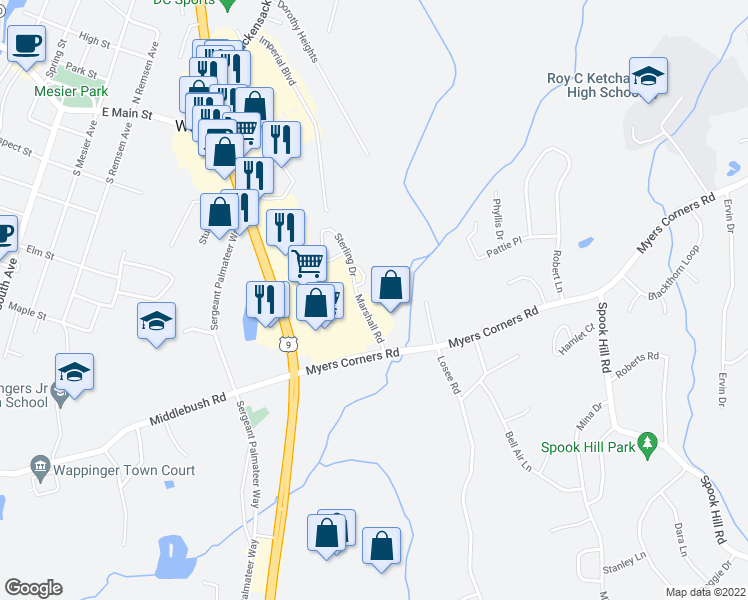 map of restaurants, bars, coffee shops, grocery stores, and more near 24 Marshall Road in Wappingers Falls