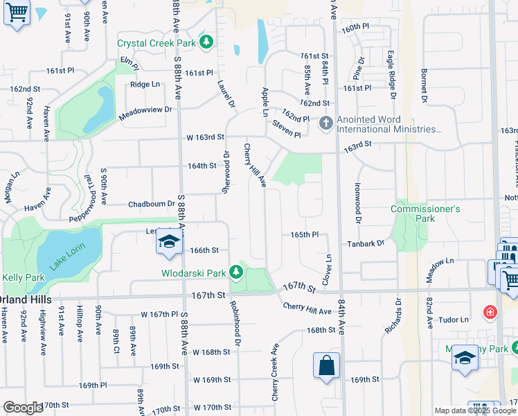 map of restaurants, bars, coffee shops, grocery stores, and more near 16508 Cherry Hill Avenue in Tinley Park