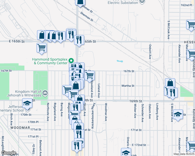 map of restaurants, bars, coffee shops, grocery stores, and more near 6726 Leland Avenue in Hammond
