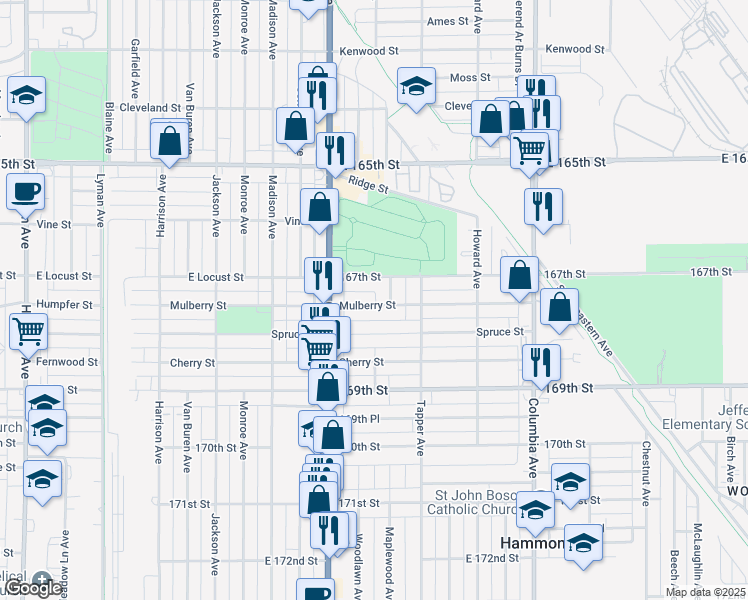 map of restaurants, bars, coffee shops, grocery stores, and more near 841 Mulberry Street in Hammond