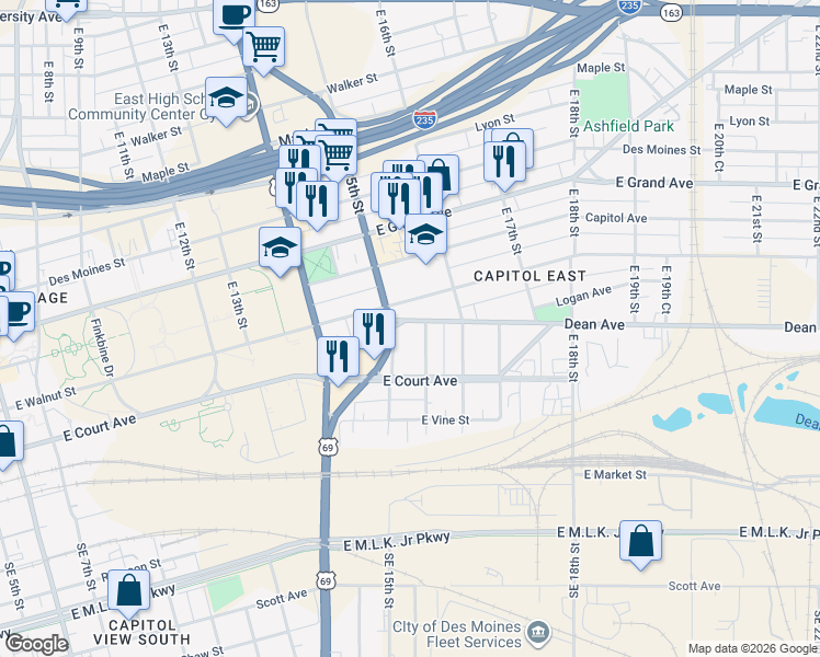 map of restaurants, bars, coffee shops, grocery stores, and more near 221 East 15th Street in Des Moines