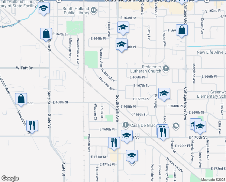 map of restaurants, bars, coffee shops, grocery stores, and more near 16746 South Park Avenue in South Holland