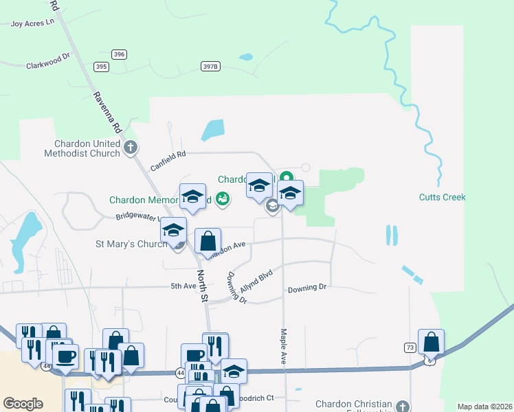 map of restaurants, bars, coffee shops, grocery stores, and more near in Chardon