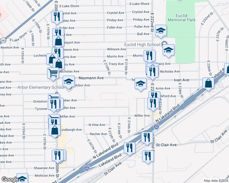 map of restaurants, bars, coffee shops, grocery stores, and more near 21261 Milan Drive in Euclid