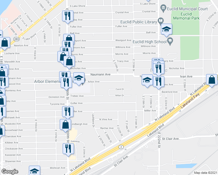 map of restaurants, bars, coffee shops, grocery stores, and more near 21091 Carol Drive in Cleveland