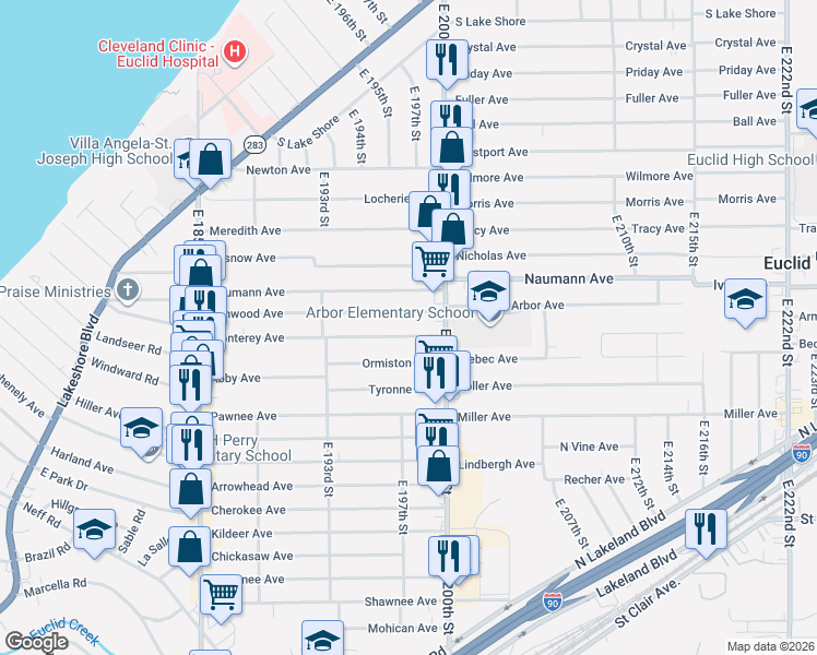map of restaurants, bars, coffee shops, grocery stores, and more near 19801 Ormiston Avenue in Euclid