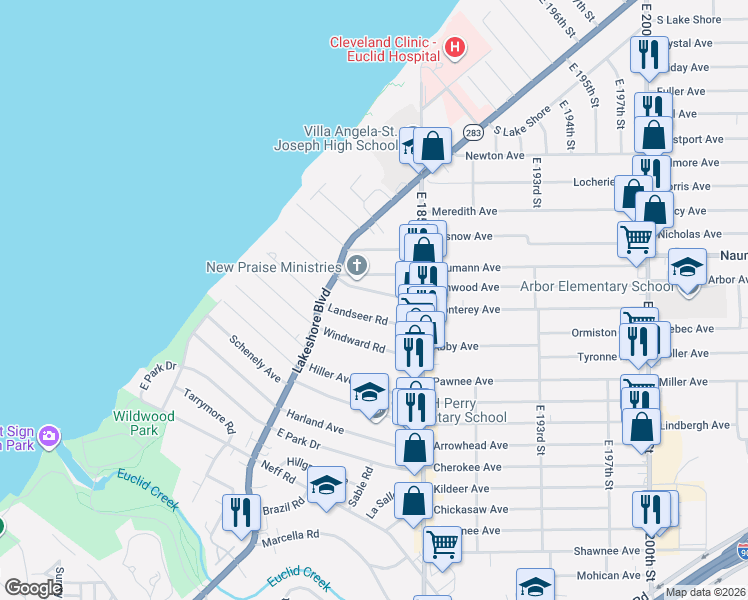 map of restaurants, bars, coffee shops, grocery stores, and more near 18220 Landseer Road in Cleveland