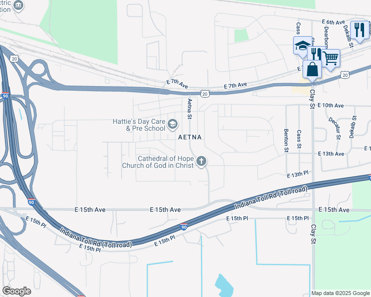 map of restaurants, bars, coffee shops, grocery stores, and more near 1258 Aetna Street in Gary