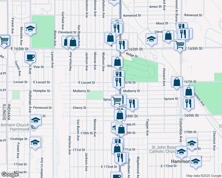 map of restaurants, bars, coffee shops, grocery stores, and more near 729 Spruce Street in Hammond