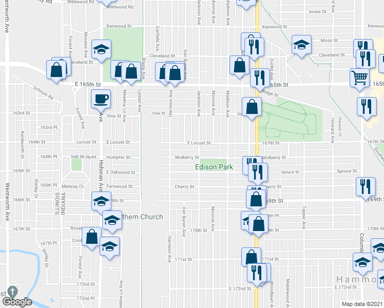 map of restaurants, bars, coffee shops, grocery stores, and more near 550 Mulberry Street in Hammond