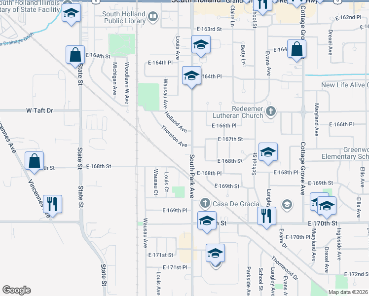 map of restaurants, bars, coffee shops, grocery stores, and more near 16746 South Park Avenue in South Holland