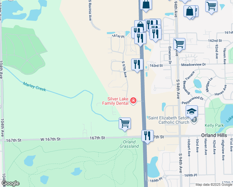 map of restaurants, bars, coffee shops, grocery stores, and more near 9731 165th Street in Orland Park