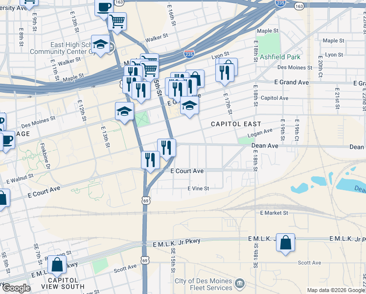 map of restaurants, bars, coffee shops, grocery stores, and more near 221 East 15th Street in Des Moines