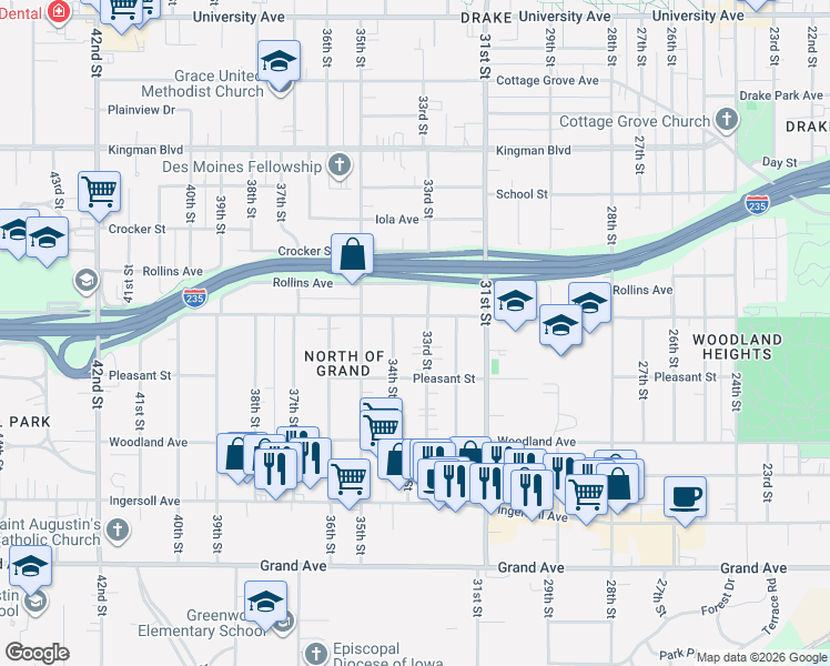 map of restaurants, bars, coffee shops, grocery stores, and more near 711 33rd Street in Des Moines