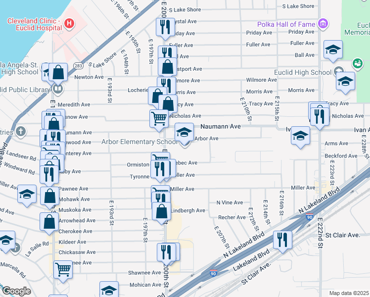 map of restaurants, bars, coffee shops, grocery stores, and more near 551 East 200th Street in Euclid