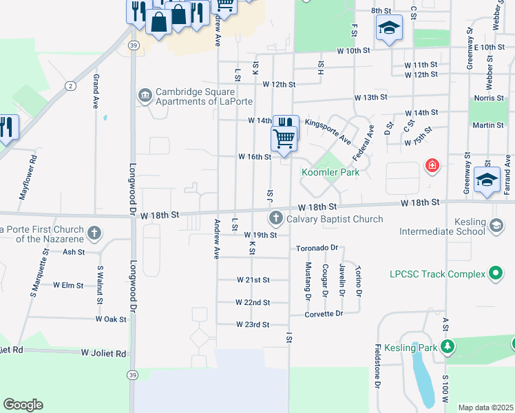 map of restaurants, bars, coffee shops, grocery stores, and more near 1003 West 18th Street in La Porte